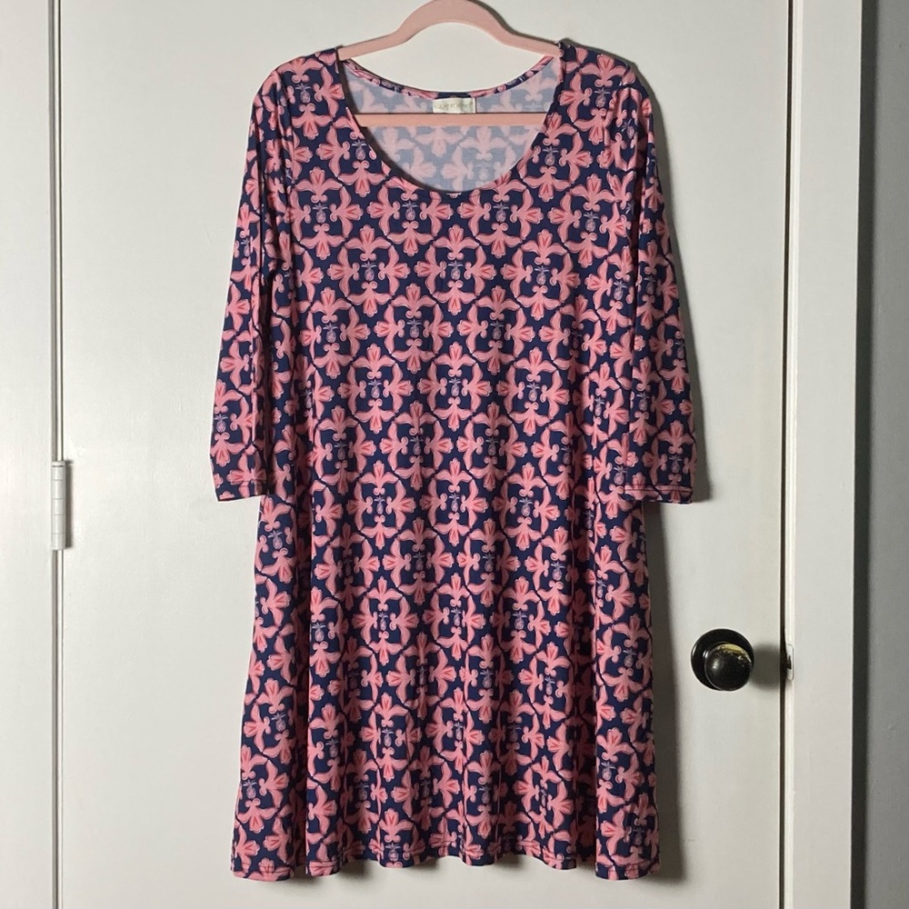 Simply Southern Fleur De Lis Pineapple Long Sleeve Midi T-Shirt Dress Size Small